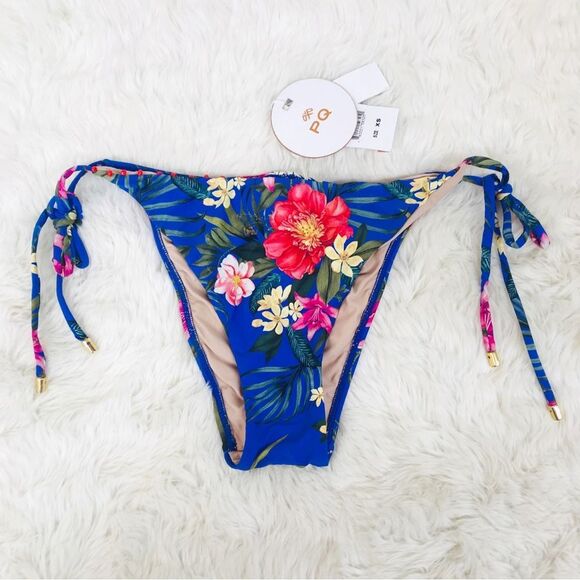 PILYQ Anthropologie Blue Floral Side Tie‎ Triangle String Bikini Bottom XS New - Picture 4 of 10
